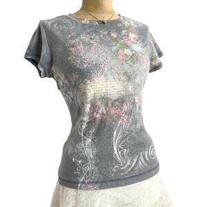 Xcit USA Gray Fairycore Y2K Floral Studded Graphic Tee Size L Soft Grunge